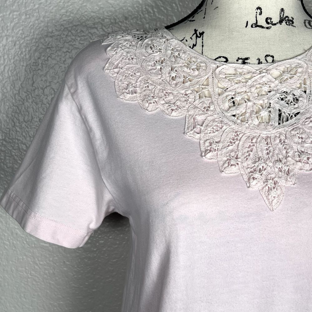 Westbound Petites Top PS Pink 100% Cotton Short Sleeve Crochet Lace Neckline - Picture 2 of 10